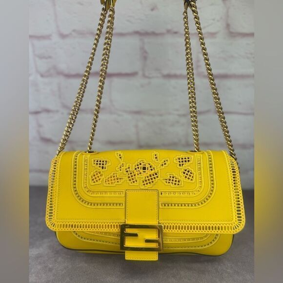 Fendi Lace Yellow Chain Baguette Shoulder Bag